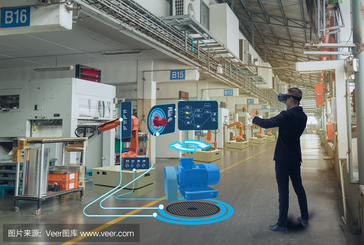 物联网智能技术未来工业4.0概念,工程师将增强混合虚拟现实用于教育和培训、维修和维护、销售、产品和现场设计等。